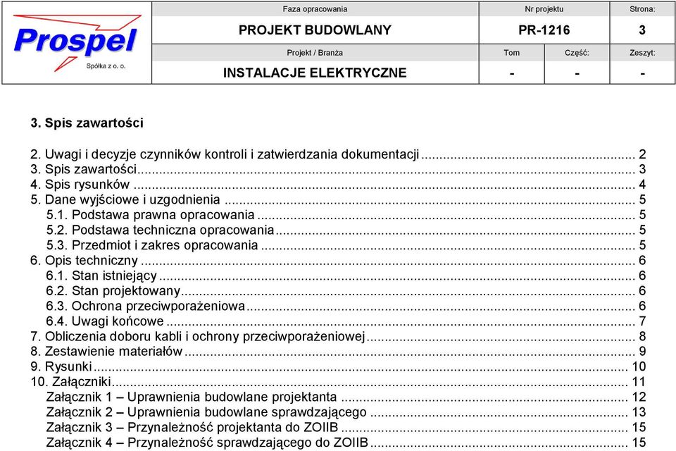 .. 6 6.3. Ochrona przeciwporażeniowa... 6 6.4. Uwagi końcowe... 7 7. Obliczenia doboru kabli i ochrony przeciwporażeniowej... 8 8. Zestawienie materiałów... 9 9. Rysunki... 10 10. Załączniki.