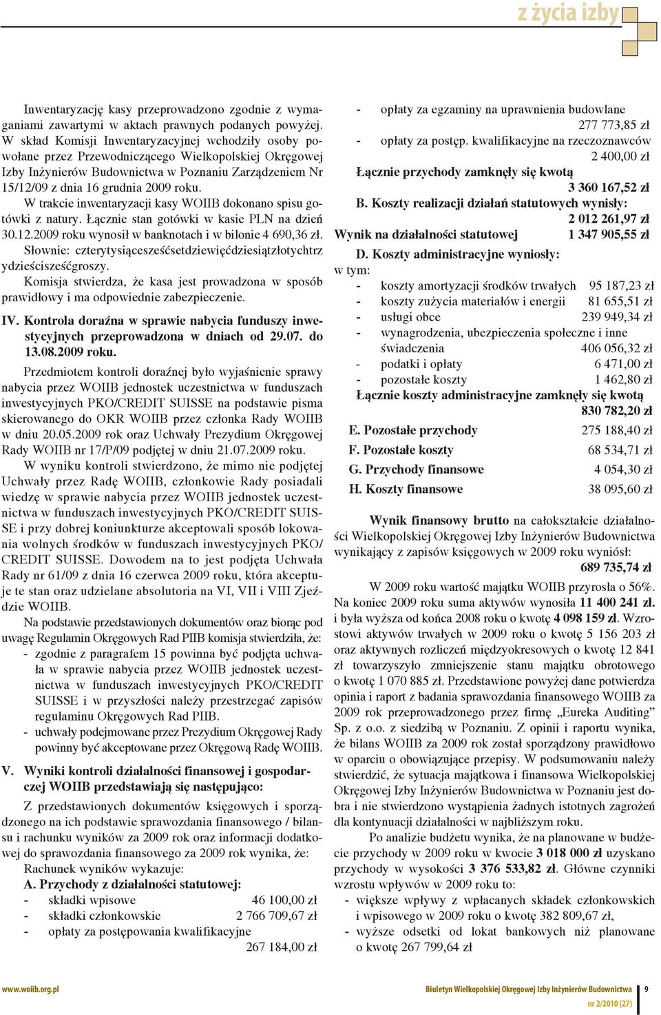 W trakcie inwentaryzacji kasy WOIIB dokonano spisu gotówki z natury. Łącznie stan gotówki w kasie PLN na dzień 30.12.2009 roku wynosił w banknotach i w bilonie 4 690,36 zł.