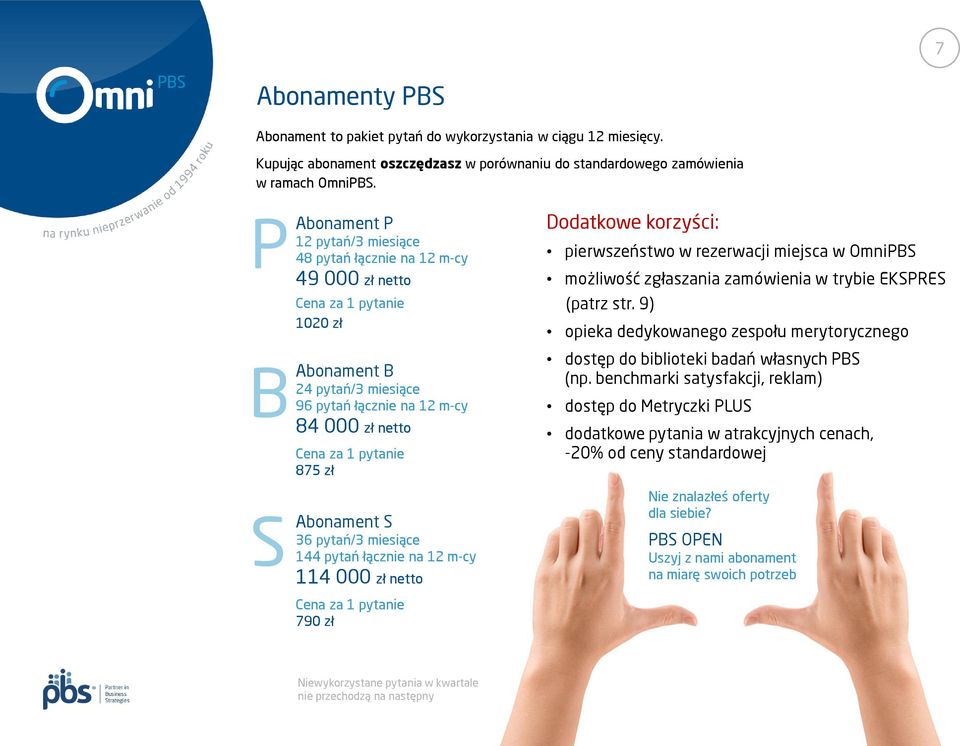 zł Abonament S 36 pytań/3 miesiące 144 pytań łącznie na 12 m-cy 114 000 zł netto Cena za 1 pytanie 790 zł Dodatkowe korzyści: pierwszeństwo w rezerwacji miejsca w OmniPBS możliwość zgłaszania