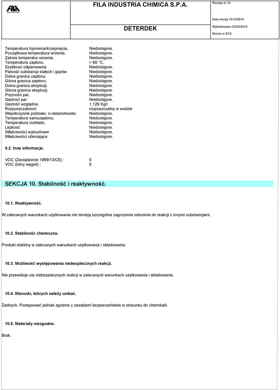 Rozpuszczalnosć Współczynnik podziału: n-oktanol/woda: Temperatura samozapłonu. Temperatura rozkładu. Lepkosć Właściwości wybuchowe Właściwości utleniające > 60 C. 1,129 Kg/l rozpuszczalny w wodzie 9.