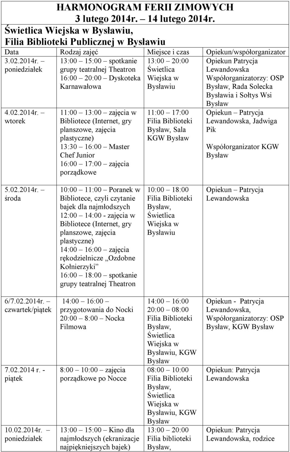 iu, Publicznej w iu Data Rodzaj zajęć Miejsce i czas Opiekun/współorganizator 3.02.2014r.