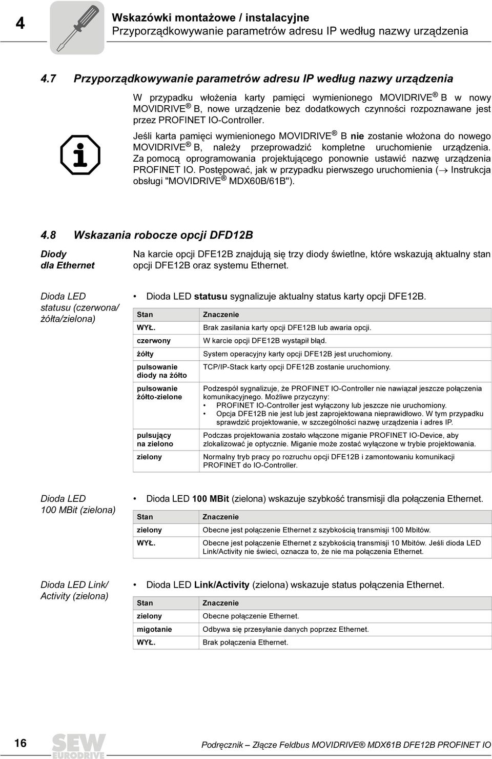 rozpoznawane jest przez PROFINET IO-Controller. Jeśli karta pamięci wymienionego MOVIDRIVE B nie zostanie włożona do nowego MOVIDRIVE B, należy przeprowadzić kompletne uruchomienie urządzenia.