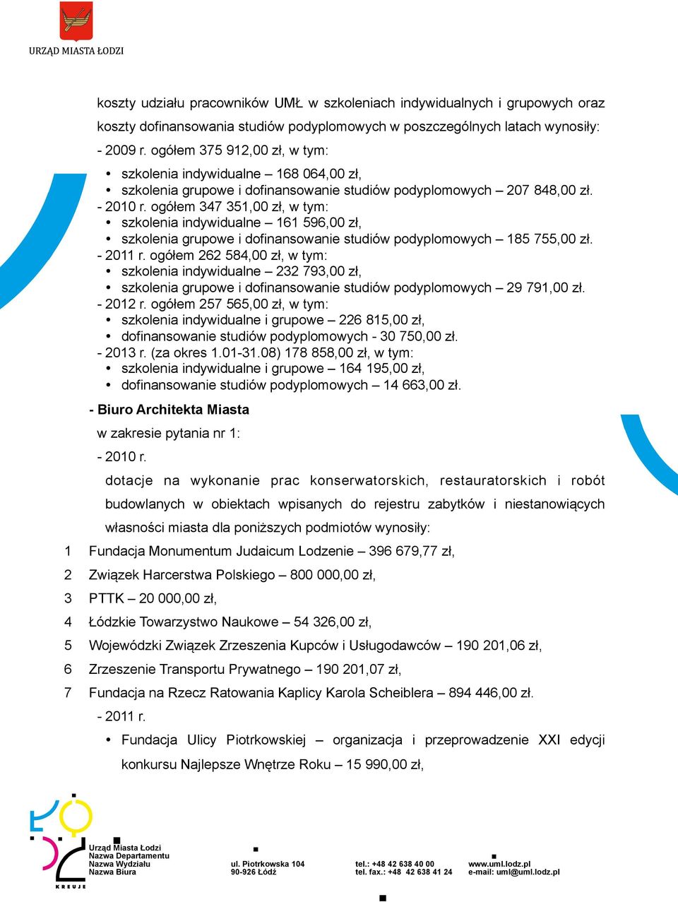 ogółem 347 351,00, w tym: szkolenia indywidualne 161 596,00, szkolenia grupowe i dofinansowanie studiów podyplomowych 185 755,00. - 2011 r.