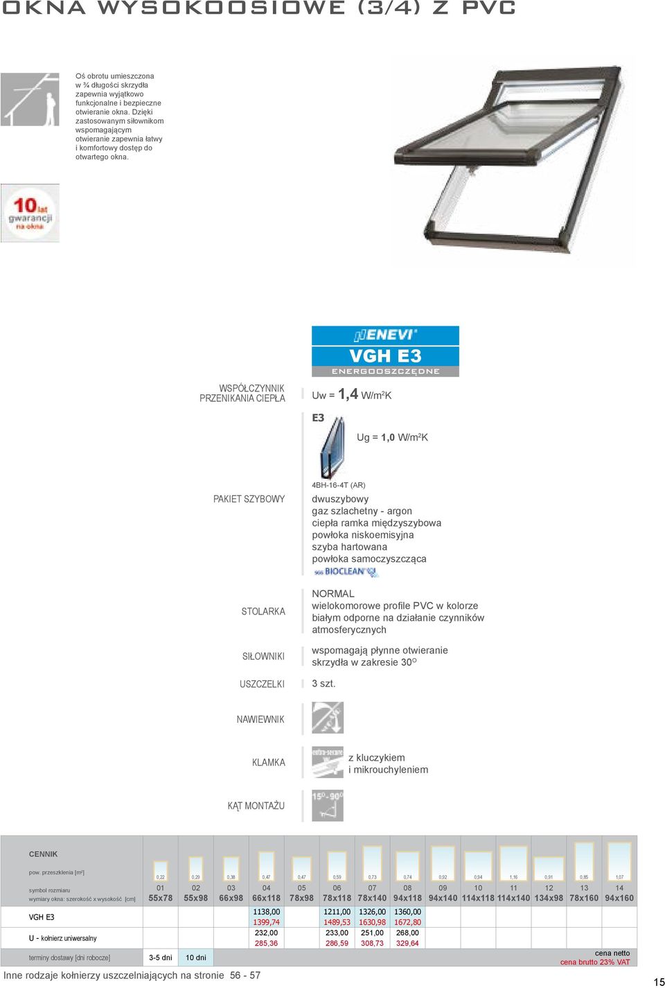 WSPÓŁCZYNNIK PRZENIKANIA CIEPŁA VGH E3 ENERGOOSZCZĘDNE Uw = 1,4 W/m 2 K E3 Ug = 1,0 W/m 2 K PAKIET SZYBOWY 4BH-16-4T (AR) dwuszybowy gaz szlachetny - argon ciepła ramka międzyszybowa powłoka