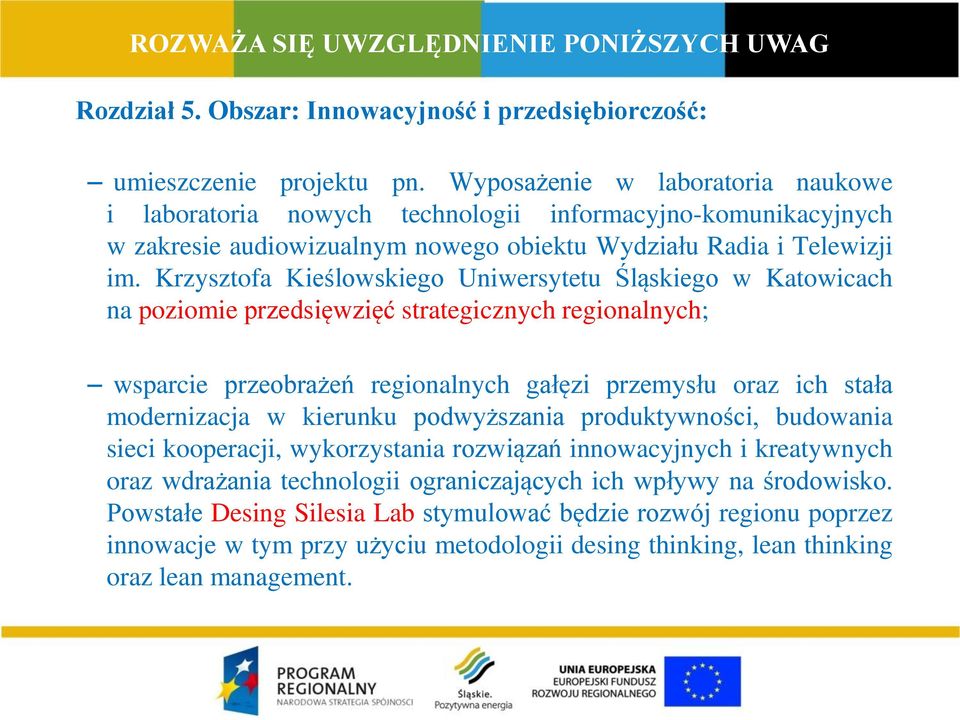 Krzysztofa Kieślowskiego Uniwersytetu Śląskiego w Katowicach na poziomie przedsięwzięć strategicznych regionalnych; wsparcie przeobrażeń regionalnych gałęzi przemysłu oraz ich stała modernizacja w
