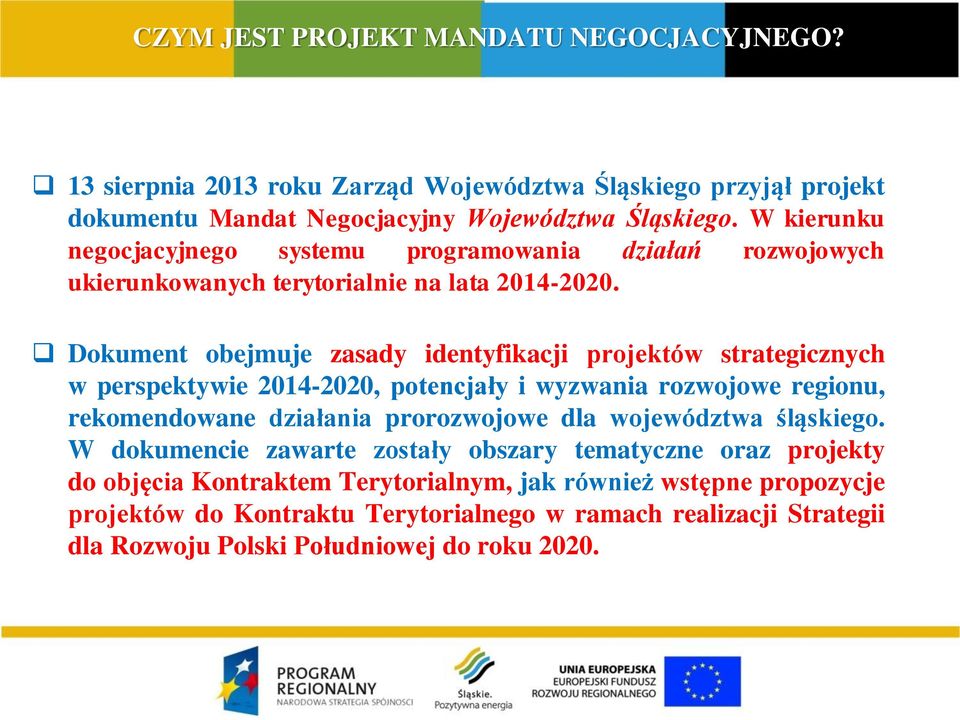 Dokument obejmuje zasady identyfikacji projektów strategicznych w perspektywie 2014-2020, potencjały i wyzwania rozwojowe regionu, rekomendowane działania prorozwojowe dla