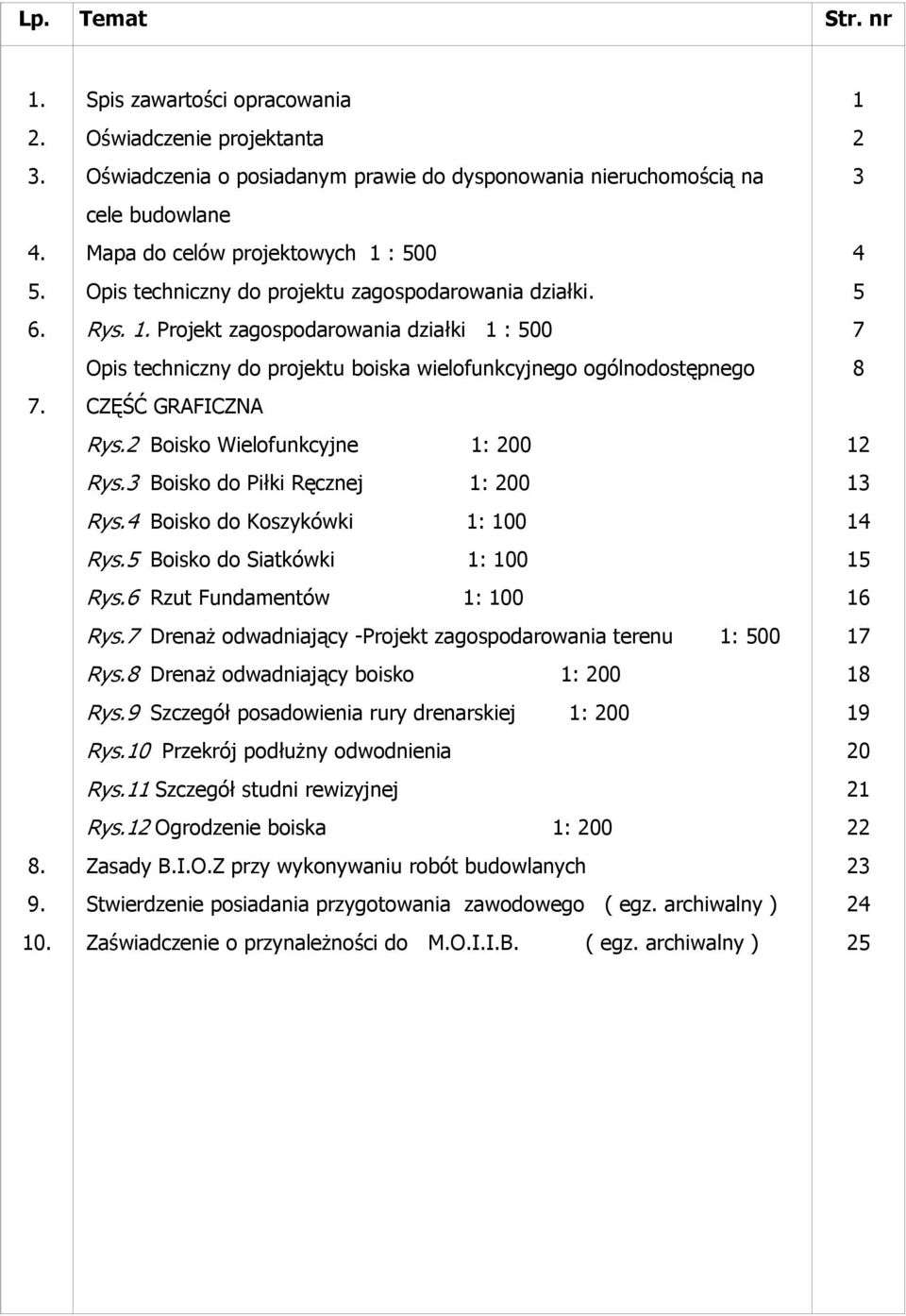zagospodarowania działki. Rys. 1. Projekt zagospodarowania działki 1 : 500 Opis techniczny do projektu boiska wielofunkcyjnego ogólnodostępnego CZĘŚĆ GRAFICZNA Rys.2 Boisko Wielofunkcyjne 1: 200 Rys.