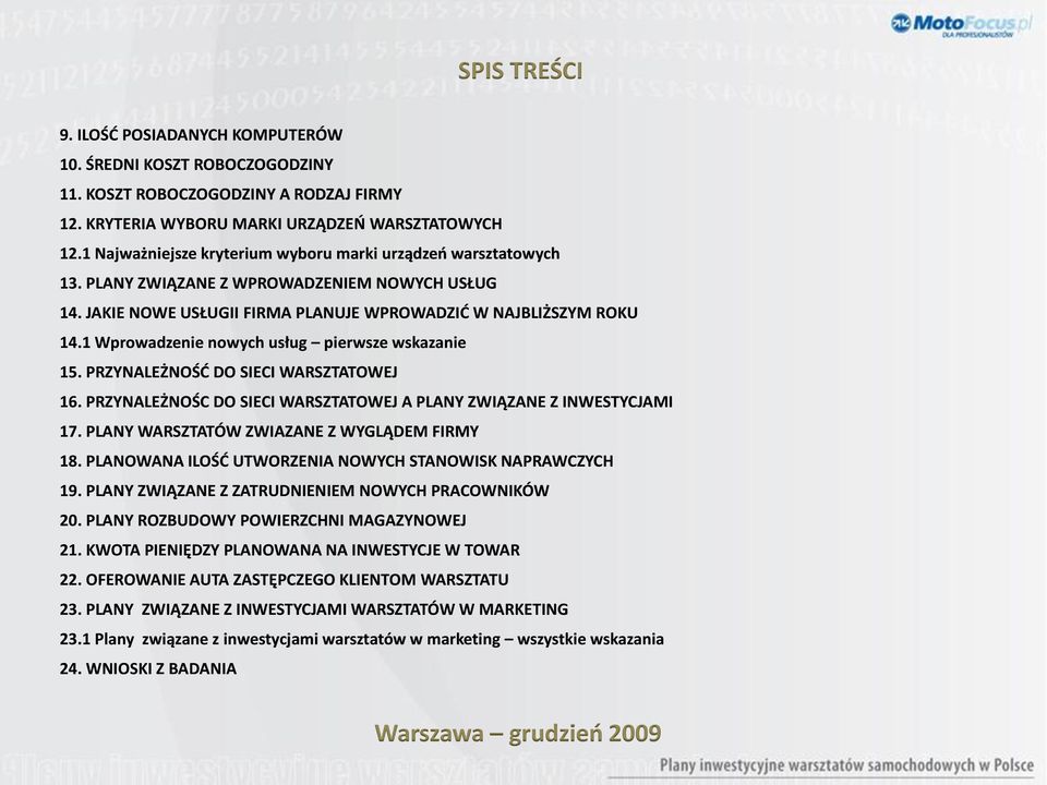 1 Wprowadzenie nowych usług pierwsze wskazanie 15. PRZYNALEŻNOŚD DO SIECI WARSZTATOWEJ 16. PRZYNALEŻNOŚC DO SIECI WARSZTATOWEJ A PLANY ZWIĄZANE Z INWESTYCJAMI 17.