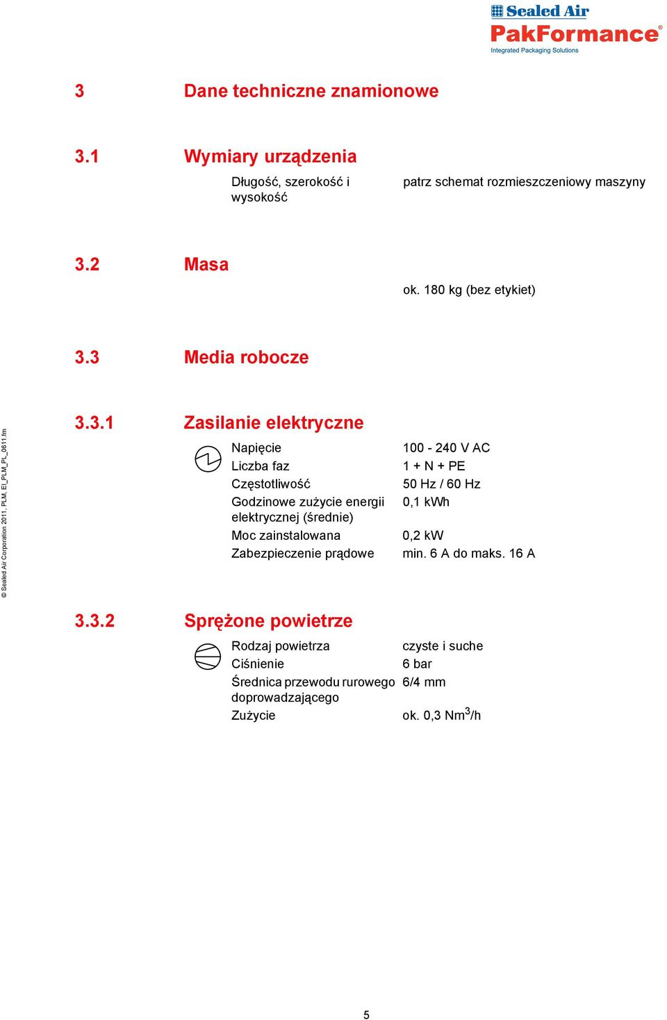 3 Media robocze 3.3.1 Zasilanie elektryczne Napięcie Liczba faz Częstotliwość Godzinowe zużycie energii elektrycznej (średnie) Moc