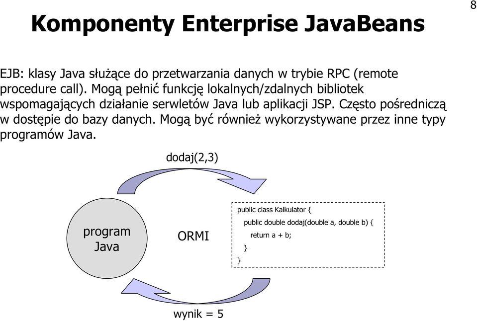Często pośredniczą w dostępie do bazy danych. Mogą być również wykorzystywane przez inne typy programów Java.