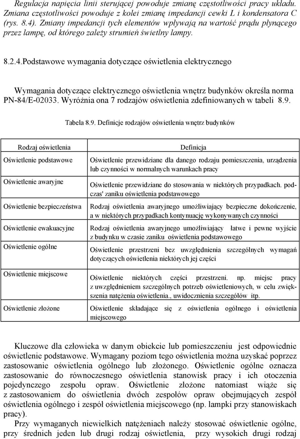 Podstawowe wymagania dotyczące oświetlenia elektrycznego Wymagania dotyczące elektrycznego oświetlenia wnętrz budynków określa norma PN-84/E-02033.