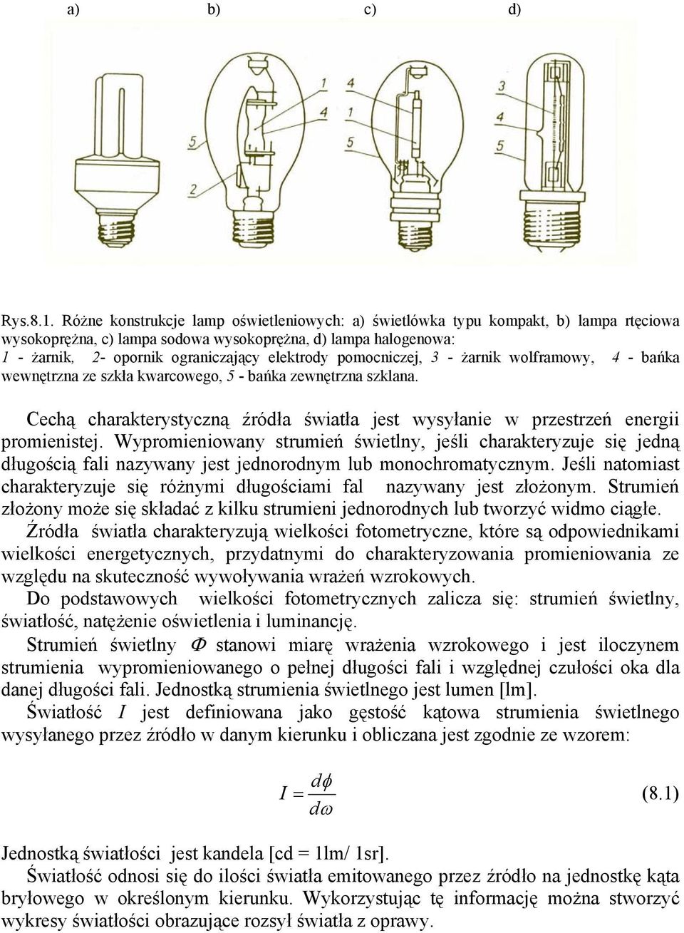 pomocniczej, 3 - żarnik wolframowy, 4 - bańka wewnętrzna ze szkła kwarcowego, 5 - bańka zewnętrzna szklana. Cechą charakterystyczną źródła światła jest wysyłanie w przestrzeń energii promienistej.