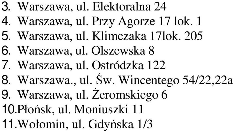 Warszawa, ul. Ostródzka 122 8. Warszawa., ul. Św. Wincentego 54/22,22a 9.