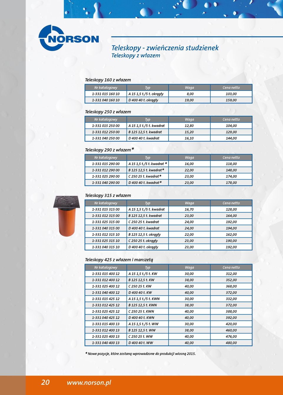 kwadrat 16,10 144,00 Teleskopy 290 z włazem* 1-331 015 290 00 A 15 1,5 t./5 t. kwadrat * 16,00 118,00 1-331 012 290 00 B 125 12,5 t. kwadrat* 22,00 148,00 1-331 025 290 00 C 250 25 t.