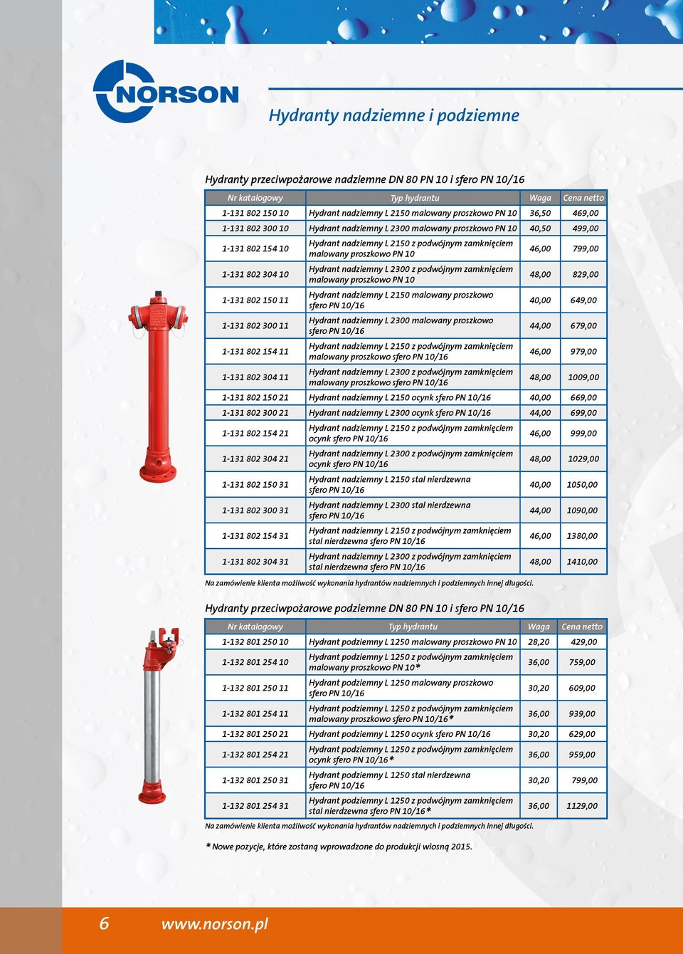 799,00 1-131 802 304 10 Hydrant nadziemny L 2300 z podwójnym zamknięciem malowany proszkowo PN 10 48,00 829,00 1-131 802 150 11 Hydrant nadziemny L 2150 malowany proszkowo sfero PN 10/16 40,00 649,00