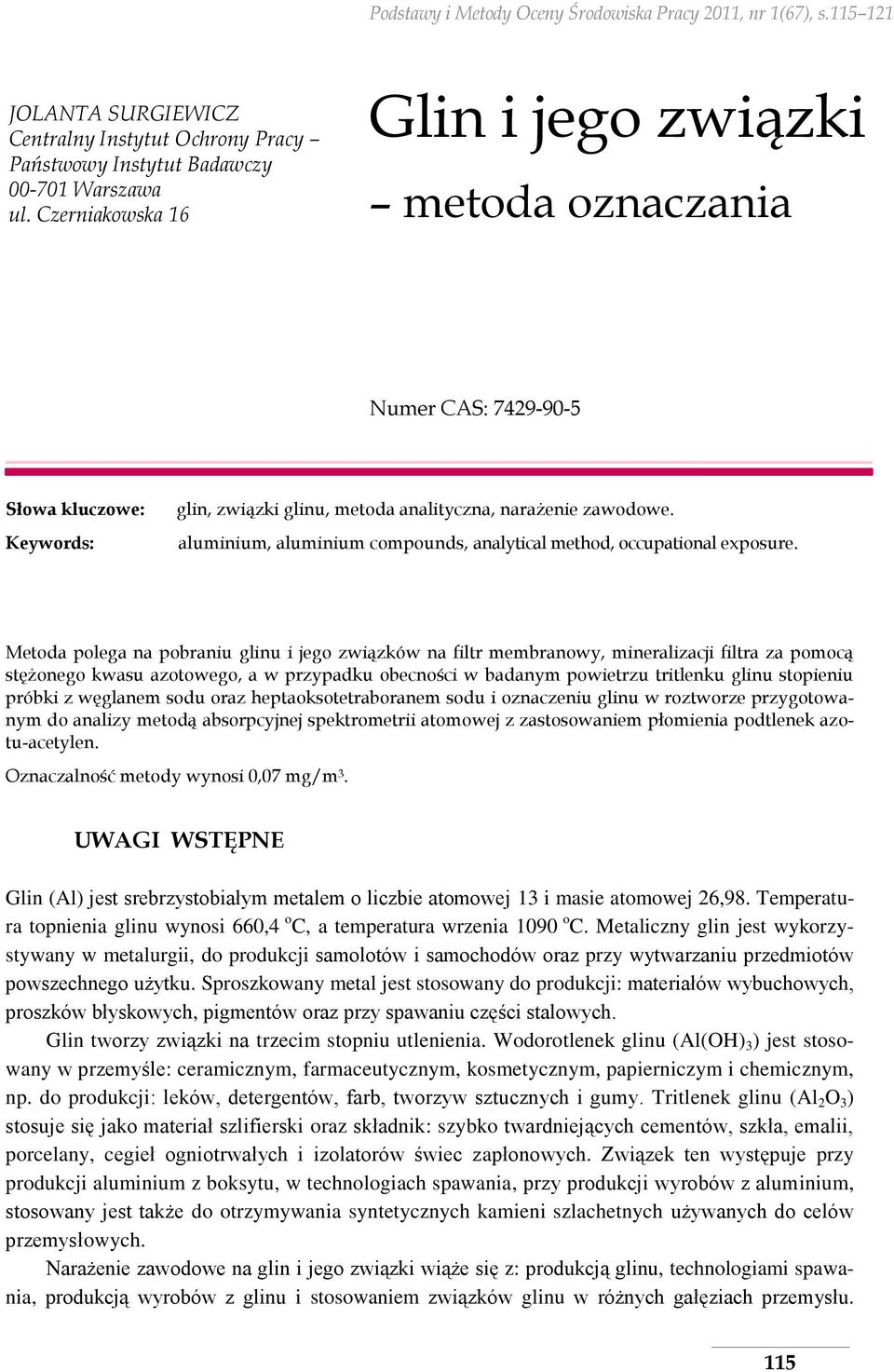 aluminium, aluminium compounds, analytical method, occupational exposure.