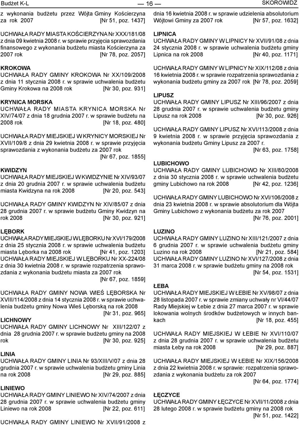 w sprawie przyjęcia sprawozdania fi nansowego z wykonania budżetu miasta Kościerzyna za 2007 rok [Nr 78, poz. 2057] KROKOWA UCHWAŁA RADY GMINY KROKOWA Nr XX/109/2008 z dnia 11 stycznia 2008 r.