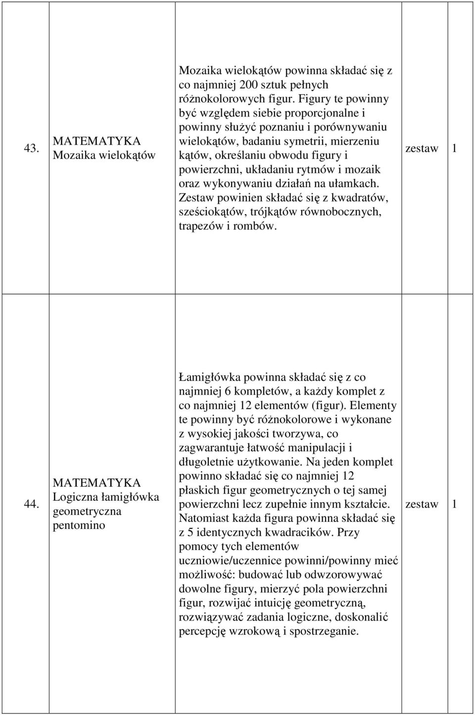 mozaik oraz wykonywaniu działań na ułamkach. Zestaw powinien składać się z kwadratów, sześciokątów, trójkątów równobocznych, trapezów i rombów. 44.