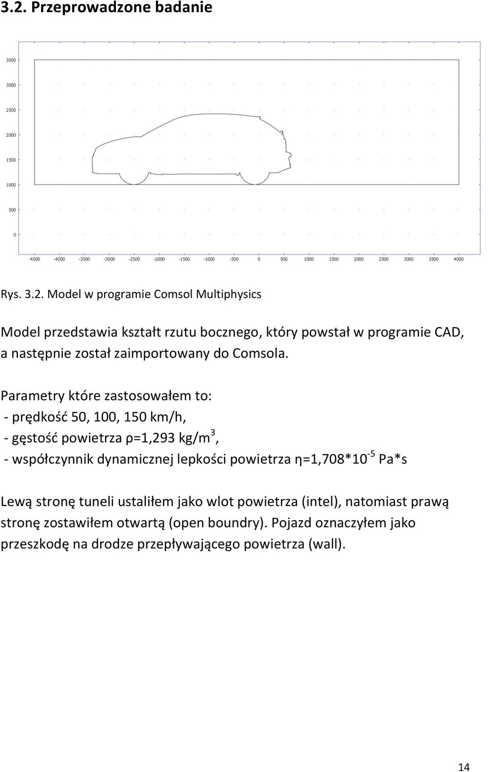 Parametry które zastosowałem to: - prędkość 50, 100, 150 km/h, - gęstość powietrza ρ=1,293 kg/m 3, - współczynnik dynamicznej lepkości