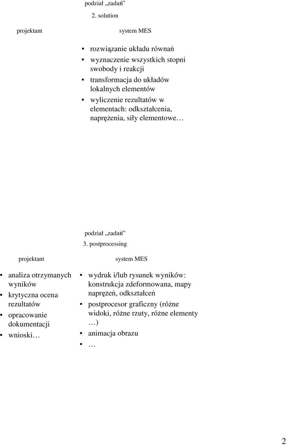 lokalnych elementów wyliczenie rezultatów w elementach: odkształcenia, napręŝenia, siły elementowe podział zadań 3.