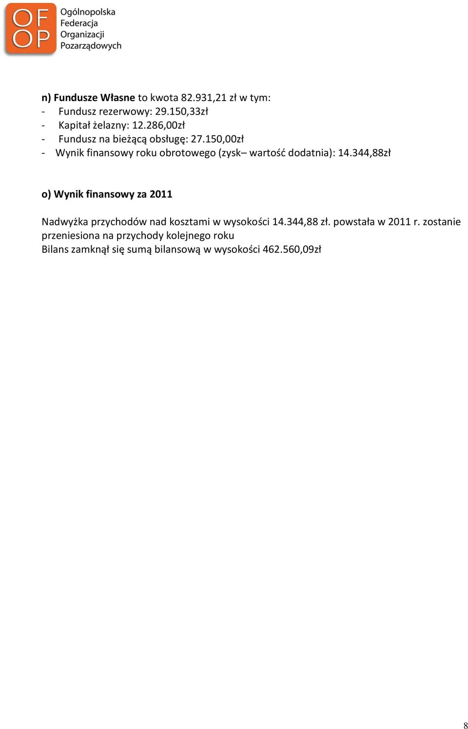 344,88zł o) Wynik finansowy za 2011 Nadwyżka przychodów nad kosztami w wysokości 14.344,88 zł.