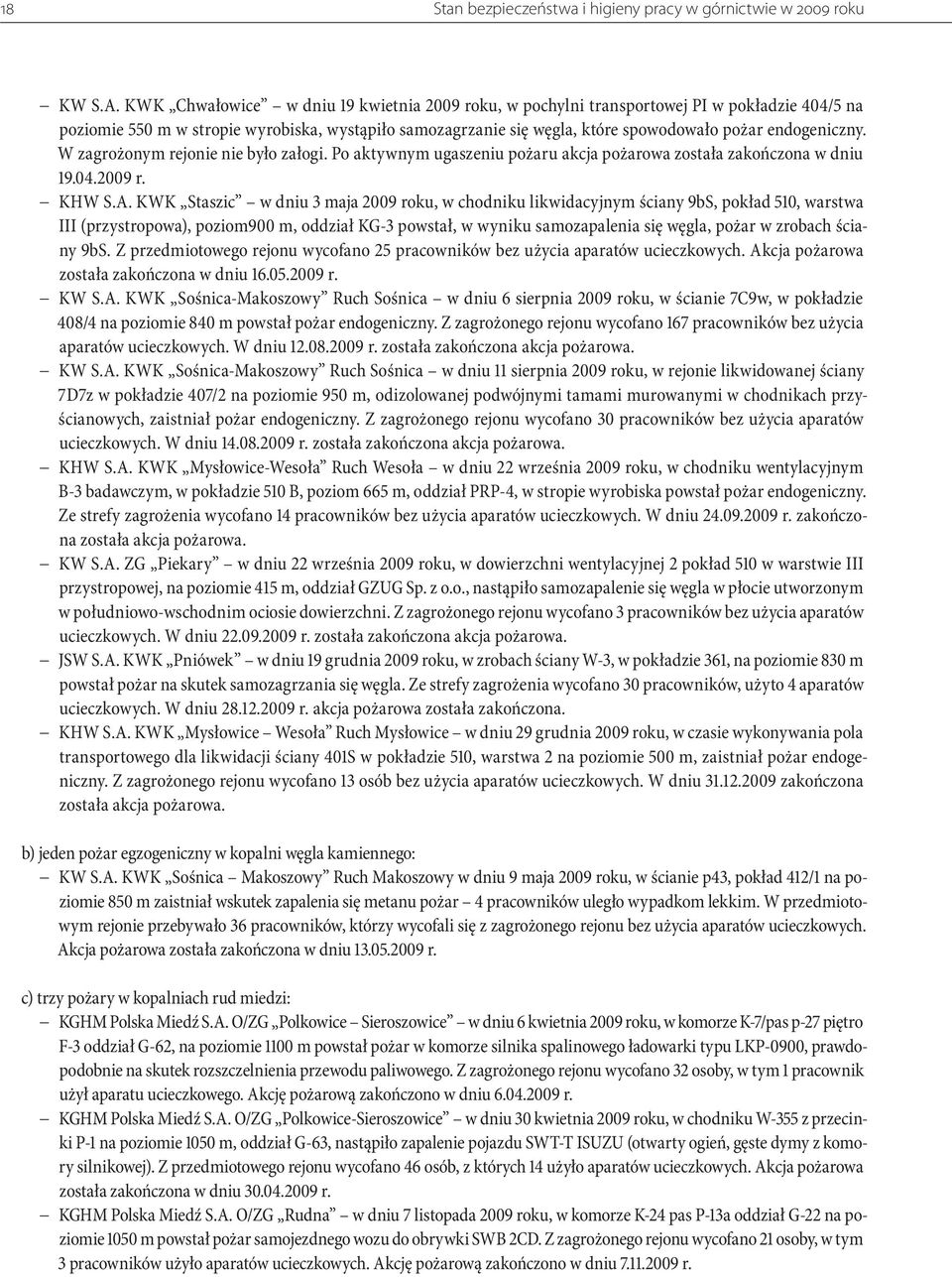 endogeniczny. W zagrożonym rejonie nie było załogi. Po aktywnym ugaszeniu pożaru akcja pożarowa została zakończona w dniu 19.04.2009 r. KHW S.A.