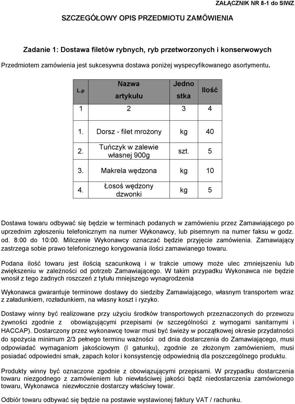 Łosoś wędzony dzwonki kg 5 Dostawa towaru odbywać się będzie w terminach podanych w zamówieniu przez Zamawiającego po uprzednim zgłoszeniu telefonicznym na numer Wykonawcy, lub pisemnym na numer