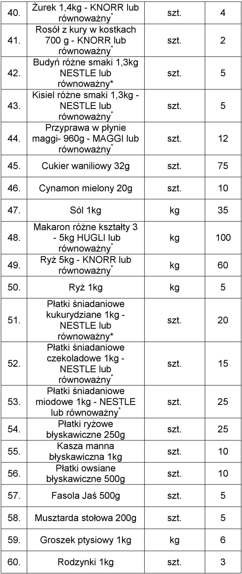 Makaron różne kształty 3-5kg HUGLI lub kg 100 Ryż 5kg - KNORR lub kg 60 50. Ryż 1kg kg 5 51. 52. 53. 54. 55. 56. Płatki śniadaniowe kukurydziane 1kg - równoważny* szt.