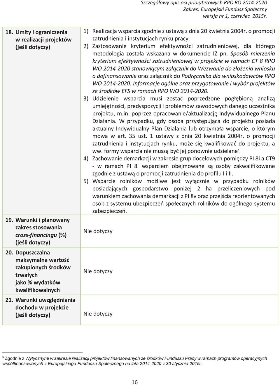 uwzgl,dniania! dochodu w projekcie *je)li!dotyczy) 1) Realizacja wsparcia zgodnie z ustaw$ z dnia 20 kwietnia 2004r. o promocji zatrudnienia i instytucjach rynku pracy. 2) Zastosowanie! kryterium!