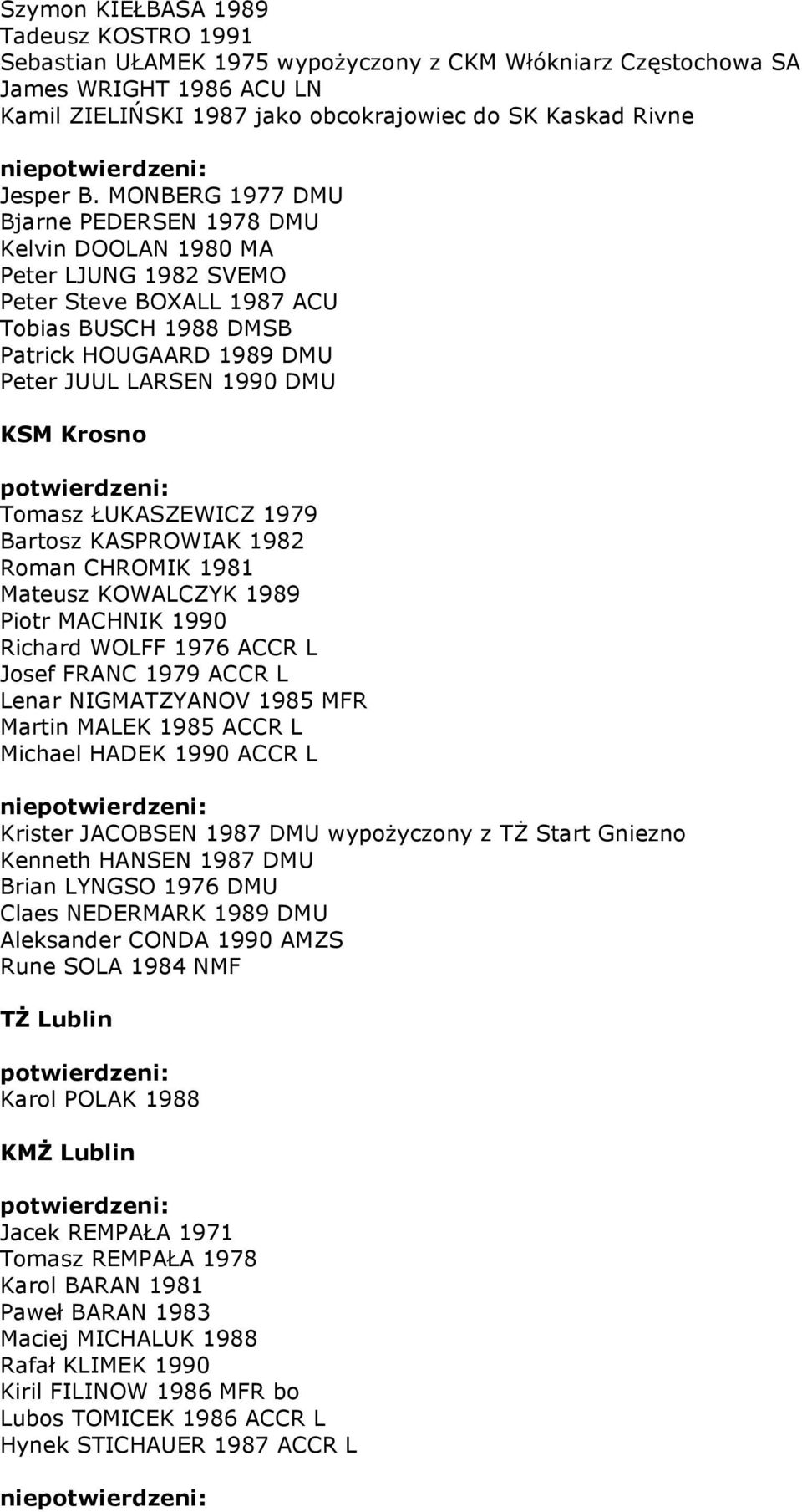MONBERG 1977 DMU Bjarne PEDERSEN 1978 DMU Kelvin DOOLAN 1980 MA Peter LJUNG 1982 SVEMO Peter Steve BOXALL 1987 ACU Tobias BUSCH 1988 DMSB Patrick HOUGAARD 1989 DMU Peter JUUL LARSEN 1990 DMU KSM