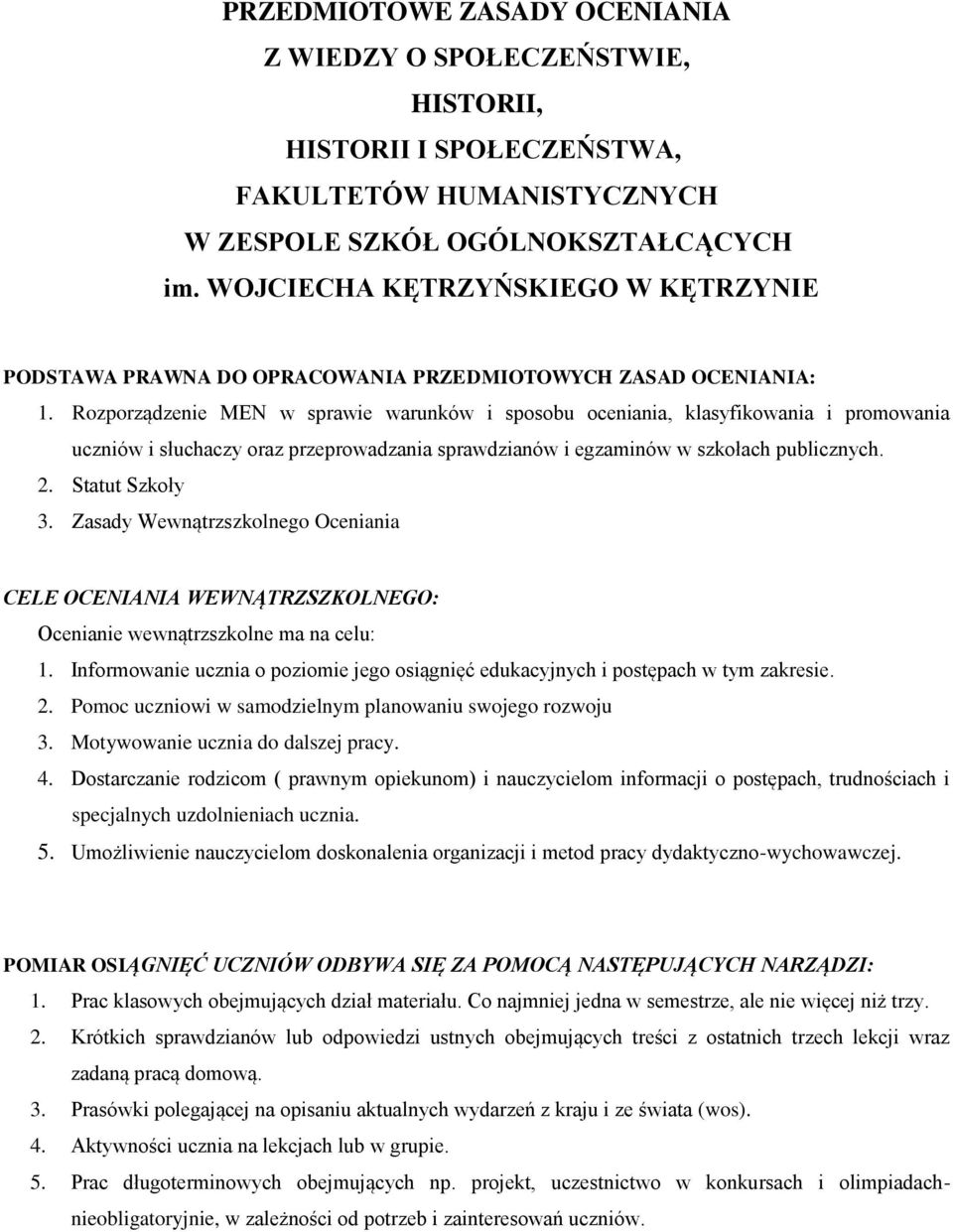 Rozporządzenie MEN w sprawie warunków i sposobu oceniania, klasyfikowania i promowania uczniów i słuchaczy oraz przeprowadzania sprawdzianów i egzaminów w szkołach publicznych. 2. Statut Szkoły 3.