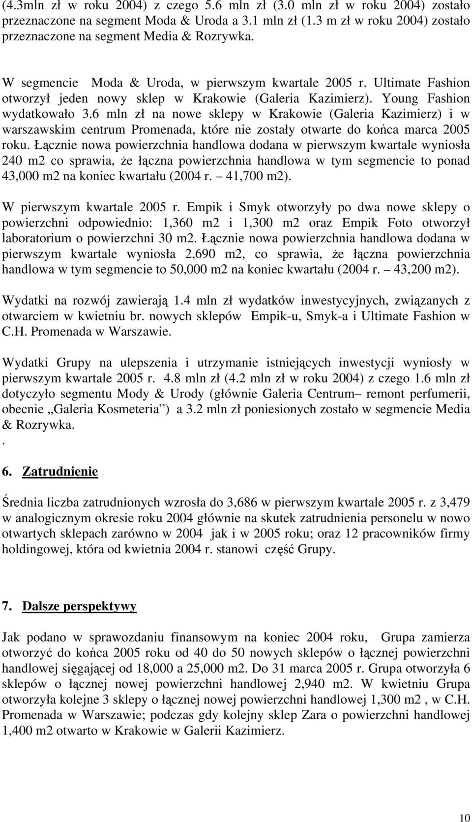 6 mln zł na nowe sklepy w Krakowie (Galeria Kazimierz) i w warszawskim centrum Promenada, które nie zostały otwarte do końca marca 2005 roku.