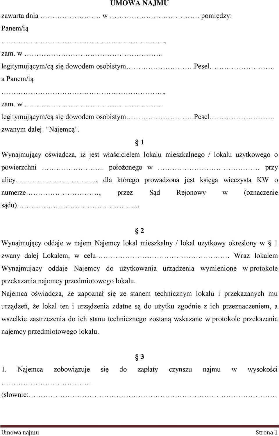 UMOWA NAJMU zawarta dnia. w. pomiędzy: legitymującym/cą się dowodem  osobistym.pesel - PDF Free Download