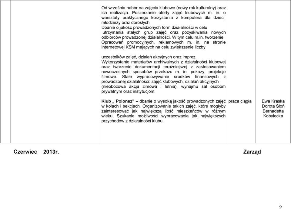 Dbanie o jakość prowadzonych form działalności w celu utrzymania stałych grup zajęć oraz pozyskiwania nowych odbiorców prowadzonej działalności. W tym celu m.in.