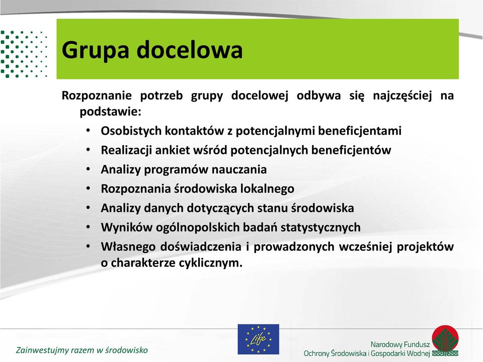 programów nauczania Rozpoznania środowiska lokalnego Analizy danych dotyczących stanu środowiska Wyników