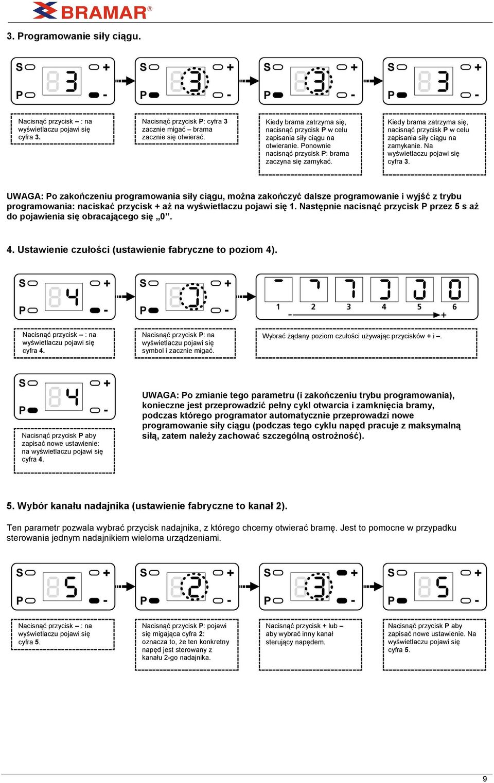 Kiedy brama zatrzyma się, nacisnąć przycisk P w celu zapisania siły ciągu na zamykanie. Na cyfra 3.