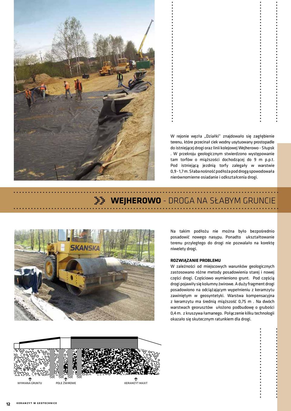 Słaba nośność podłoża pod drogą spowodowała nierównomierne osiadanie i odkształcenia drogi.» Wejherowo - Droga na słabym gruncie Na takim podłożu nie można było bezpośrednio posadowić nowego nasypu.