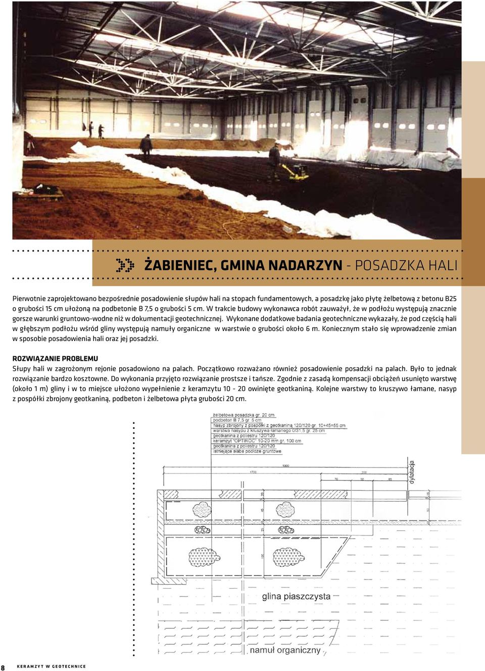 Wykonane dodatkowe badania geotechniczne wykazały, że pod częścią hali w głębszym podłożu wśród gliny występują namuły organiczne w warstwie o grubości około 6 m.