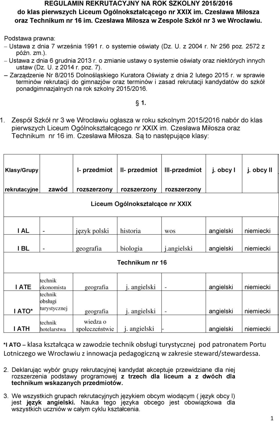 o zmianie ustawy o systemie oświaty oraz niektórych innych ustaw (Dz. U. z 2014 r. poz. 7). Zarządzenie Nr 8/2015 Dolnośląskiego Kuratora Oświaty z dnia 2 lutego 2015 r.