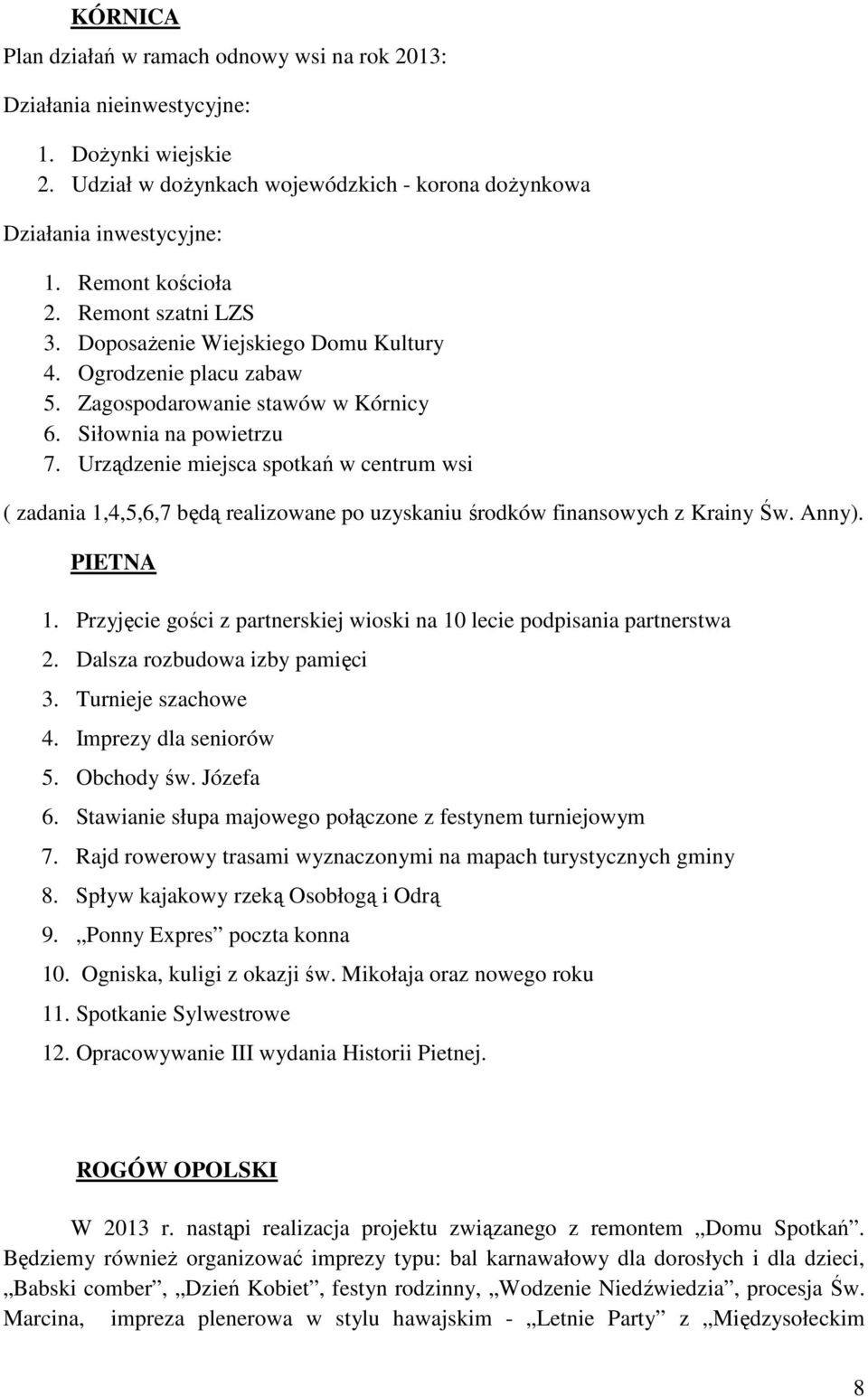 Urządzenie miejsca spotkań w centrum wsi ( zadania 1,4,5,6,7 będą realizowane po uzyskaniu środków finansowych z Krainy Św. Anny). PIETNA 1.