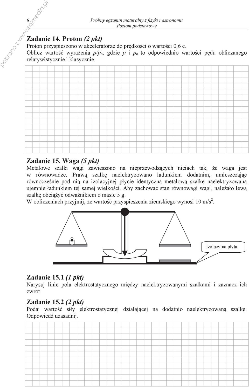 Waga (5 pkt) Metalowe szalki wagi zawieszono na nieprzewodz cych niciach tak, e waga jest w równowadze.