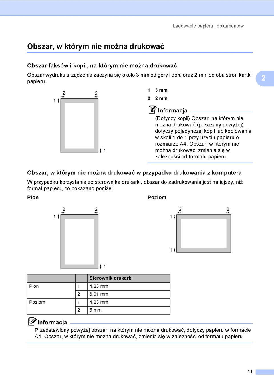 1 2 2 1 1 3 mm 2 2 mm Informacja (Dotyczy kopii) Obszar, na którym nie można drukować (pokazany powyżej) dotyczy pojedynczej kopii lub kopiowania w skali 1 do 1 przy użyciu papieru o rozmiarze A4.