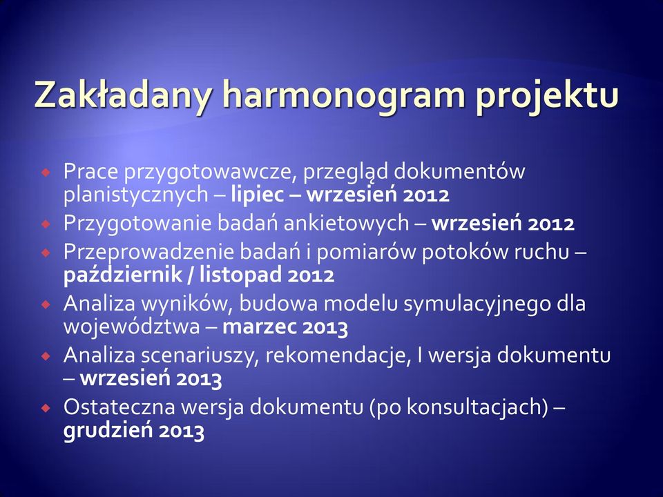 2012 Analiza wyników, budowa modelu symulacyjnego dla województwa marzec 2013 Analiza scenariuszy,