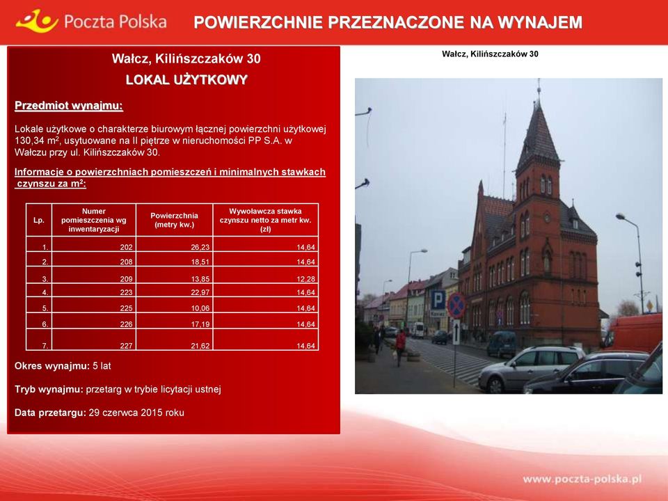 Informacje o powierzchniach pomieszczeń i minimalnych stawkach czynszu za m 2 : POWIERZCHNIE PRZEZNACZONE NA WYNAJEM Kliknij i zlokalizuj na mapie Wałcz, Kilińszczaków 30 Lp.