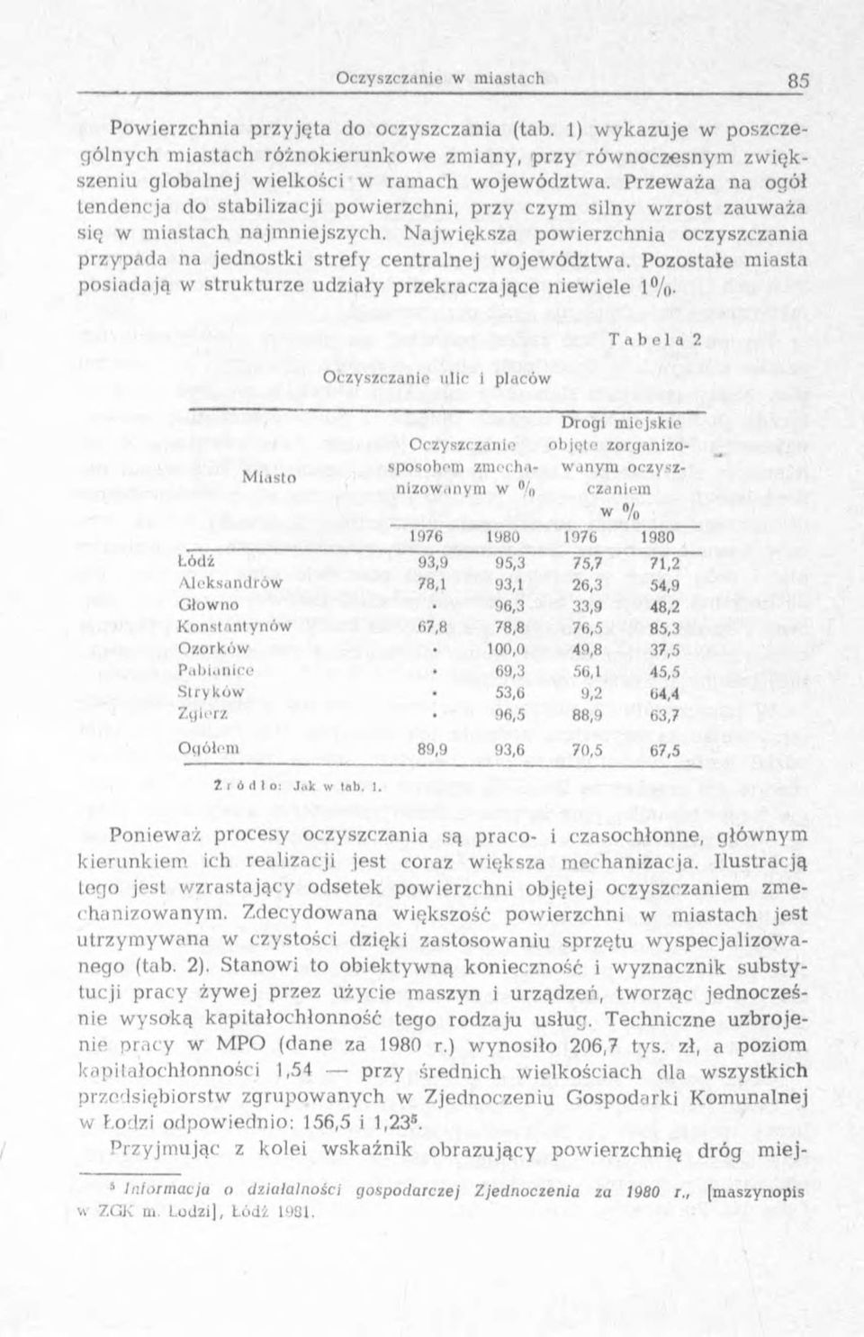 N ajw iększa pow ierzchnia oczyszczania przypada na jednostki strefy centraln ej w ojew ództw a. Pozostałe m iasta posiadają w stru k tu rze udziały p rzekraczające niew iele 1%.