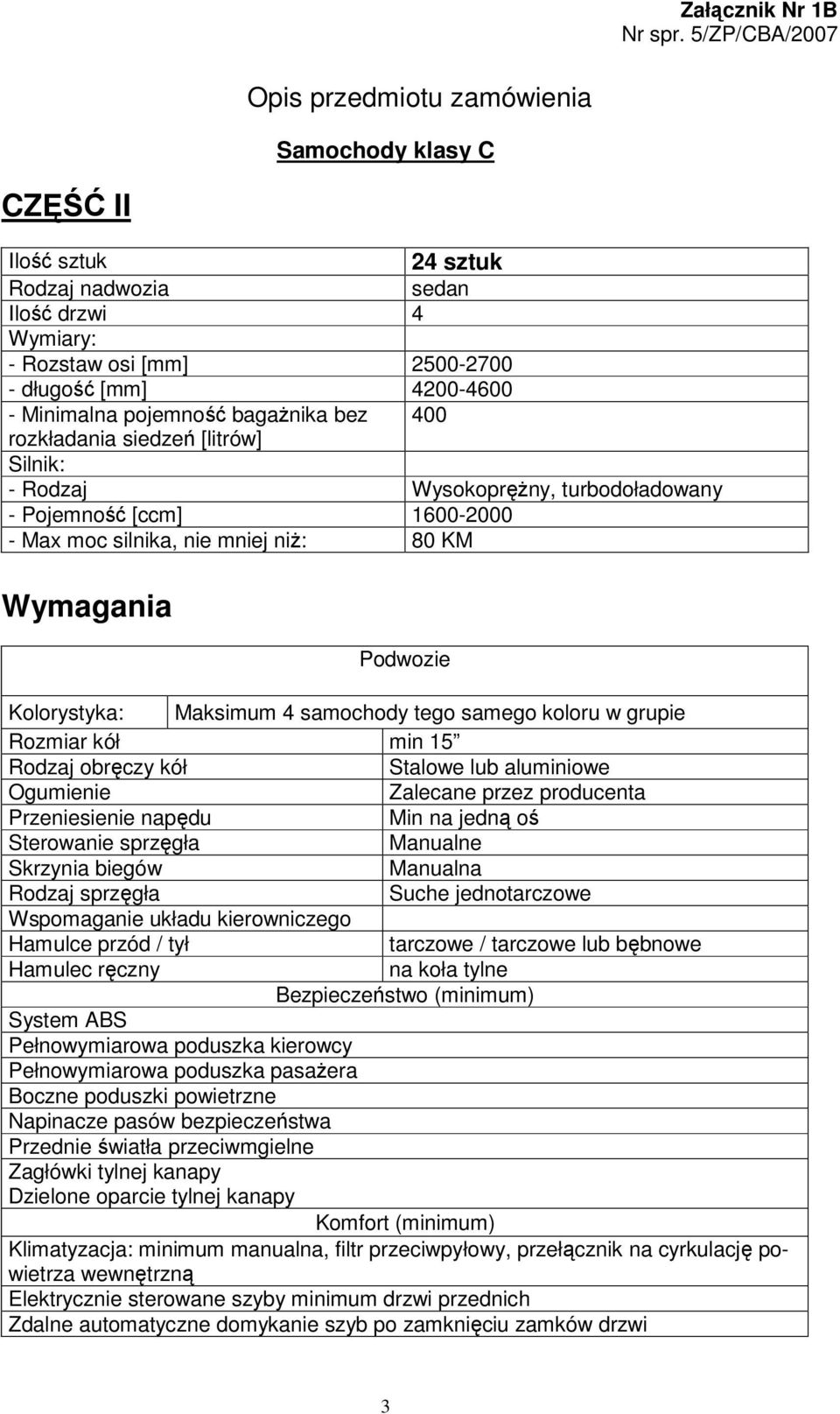 pojemność bagażnika bez 400 rozkładania siedzeń [litrów] Silnik: - Rodzaj Wysokoprężny, turbodoładowany - Pojemność [ccm] 1600-2000 - Max moc silnika, nie mniej niż: 80 KM Wymagania Podwozie