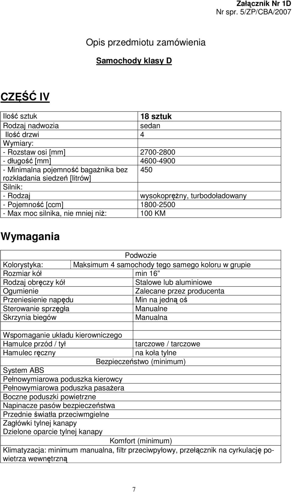 pojemność bagażnika bez 450 rozkładania siedzeń [litrów] Silnik: - Rodzaj wysokoprężny, turbodoładowany - Pojemność [ccm] 1800-2500 - Max moc silnika, nie mniej niż: 100 KM Wymagania Podwozie