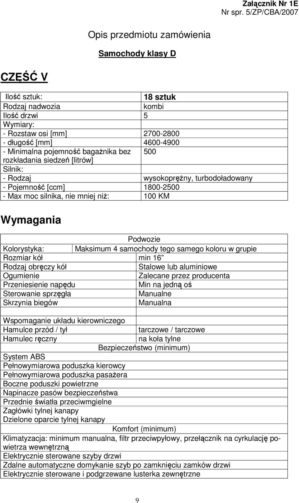 pojemność bagażnika bez 500 rozkładania siedzeń [litrów] Silnik: - Rodzaj wysokoprężny, turbodoładowany - Pojemność [ccm] 1800-2500 - Max moc silnika, nie mniej niż: 100 KM Wymagania Podwozie