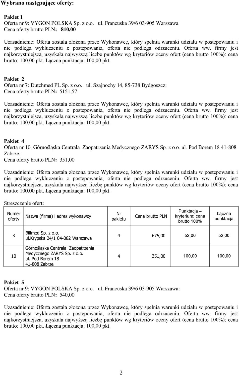 Szajnochy 14, 85-78 Bydgoszcz: Cena brutto PLN: 5151,57 Pakiet 4 Oferta nr 10: Górnośląska Centrala Zaopatrzenia Medycznego ZARYS Sp. z o.o. ul.