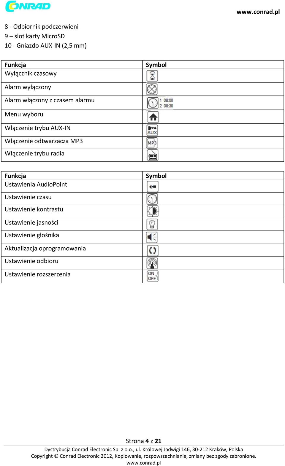 Włączenie trybu radia Funkcja Ustawienia AudioPoint Ustawienie czasu Ustawienie kontrastu Symbol Ustawienie